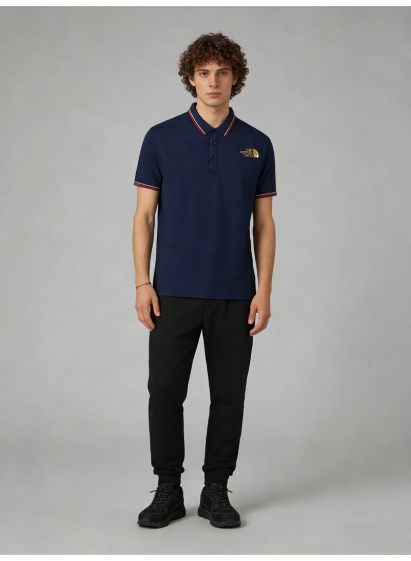 THE NORTH FACE 2026 The North Face Gold Logo blue Polo shirt, high-grade beaded cotton short sleeves, striped collar and cuffs, outdoor casual men's wear. - Image 4